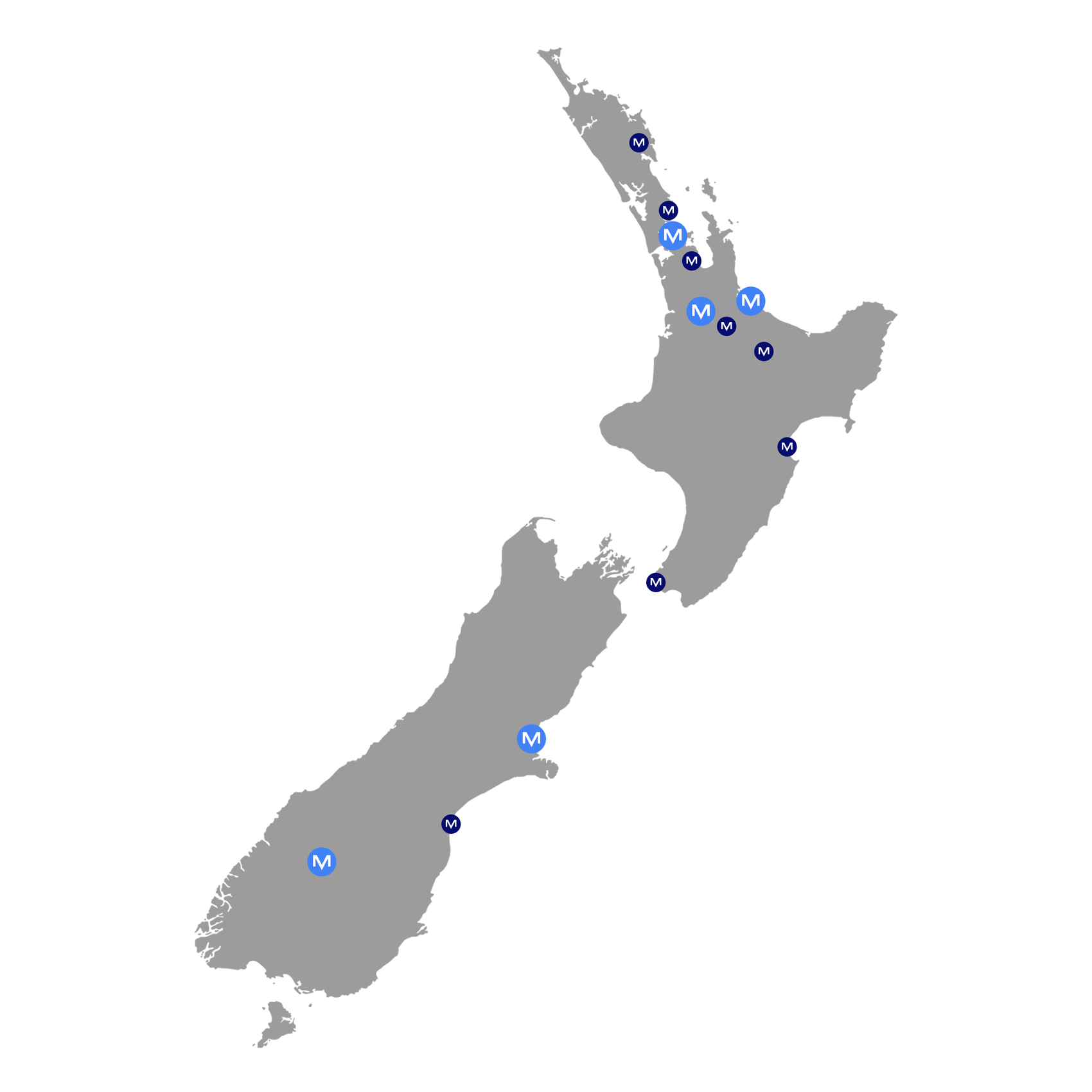 Illustrated map of New Zealand, with blue dots showing the locations of Maven offices